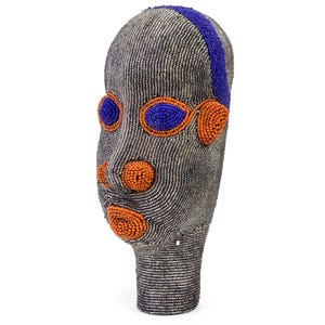 Traditional gray, blue, and orange Bamileke beaded headpiece made of terracotta and beads - Art of Cameroon - Africa - Ethnic Decor