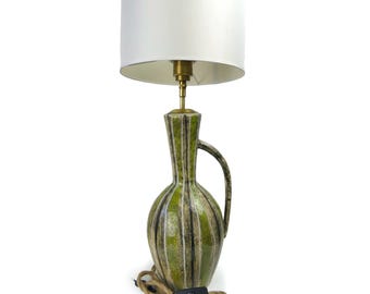 Vintage German Ceramic Table Lamp: Green Stripe Designer Lighting
