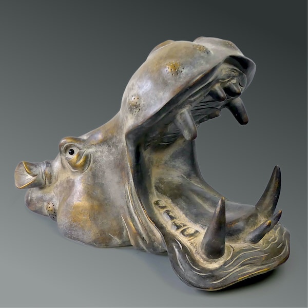 Grande tête d’nijlpaard en terre cuite à patine bronze - Sculptuur animalière - Curiosité - Déco design