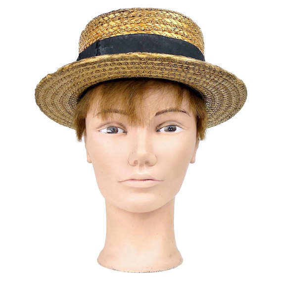 Antique Straw Boater Hat on Pivot Point Styling Head - Late 19th Century France