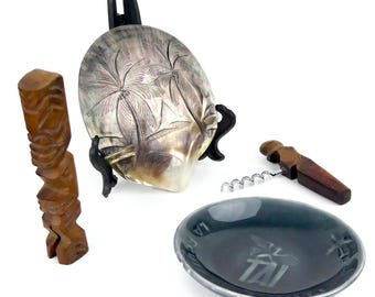 Tahiti Souvenir Set: Mother-of-Pearl Shell, Tiki, Corkscrew & TAI Bowl