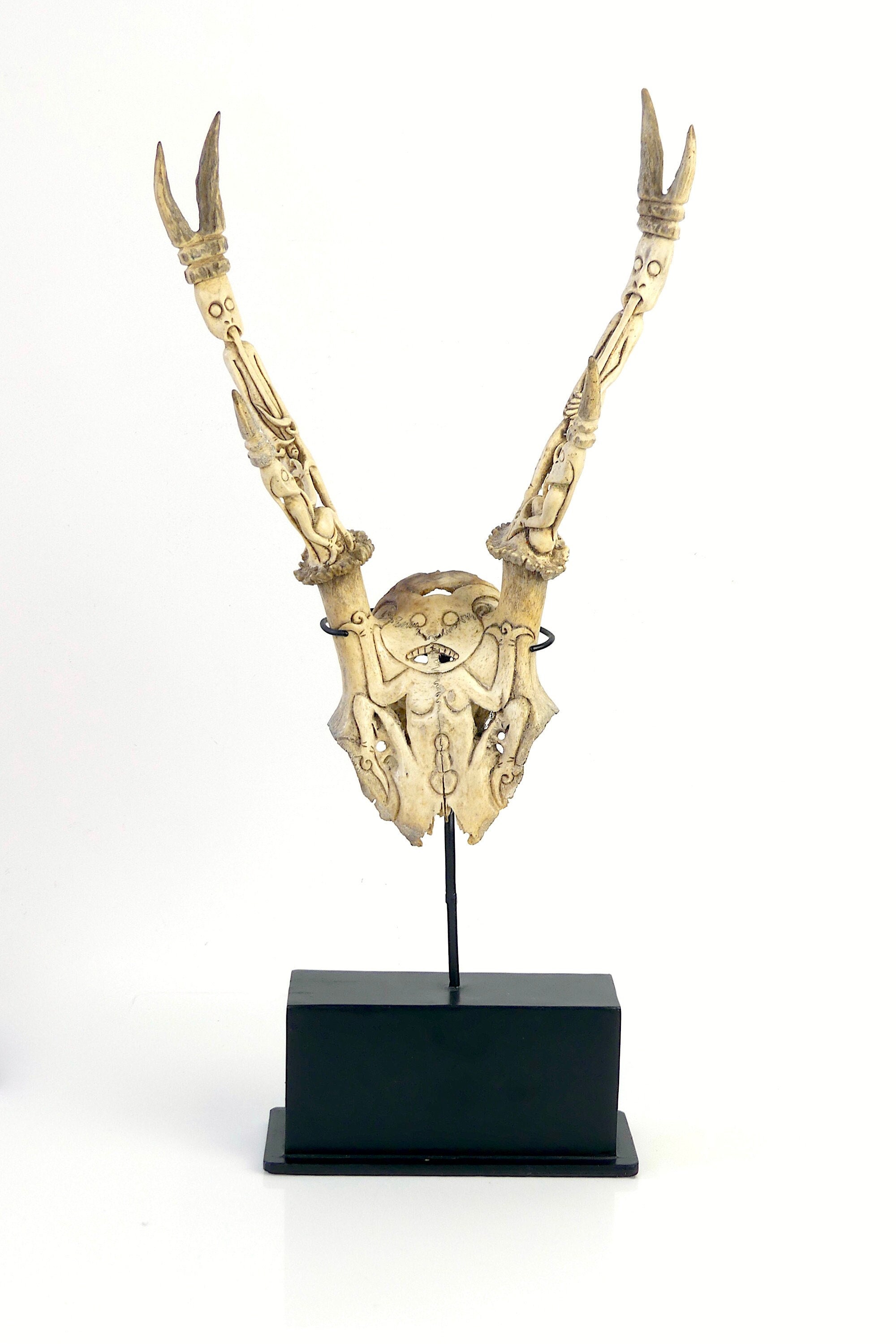 Trophée de Cervidé Dayak Ciselé sur Socle Métallique Noir - Bornéo Indonésie Curiosité Ethnique