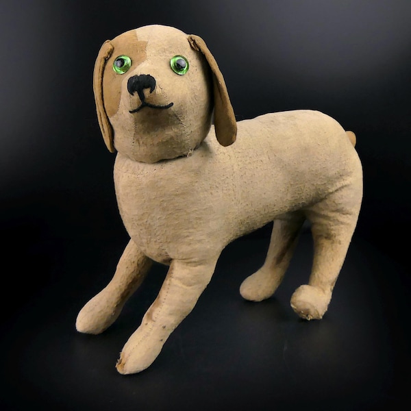 Small dog in fabric and straw from the 30s - Collectible plush toy - Old toy - France