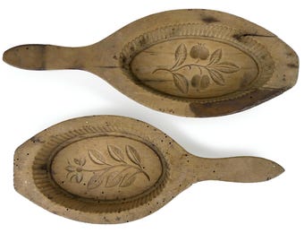 Two antique carved wooden butter molds – Late 19th/early 20th-century butter stamps – Farmhouse decor