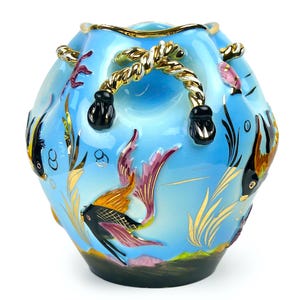 Vase boule Monaco Vallauris barbotine bleu et or poissons et coquillages - Cerdazur - Années 50/60 - Vase vintage rétro