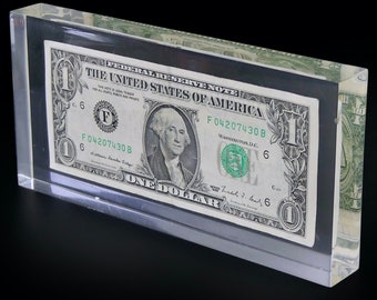 Inclusión Billete real americano de un dólar en su bloque de resina - Serie 1988 - Pisapapeles - Arte pop - Objeto de diseño coleccionable