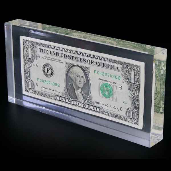 Inclusion One Dollar véritable billet  de banque américain dans son bloc de résine - Series 1988 - Presse-papiers - Pop art - Objet design