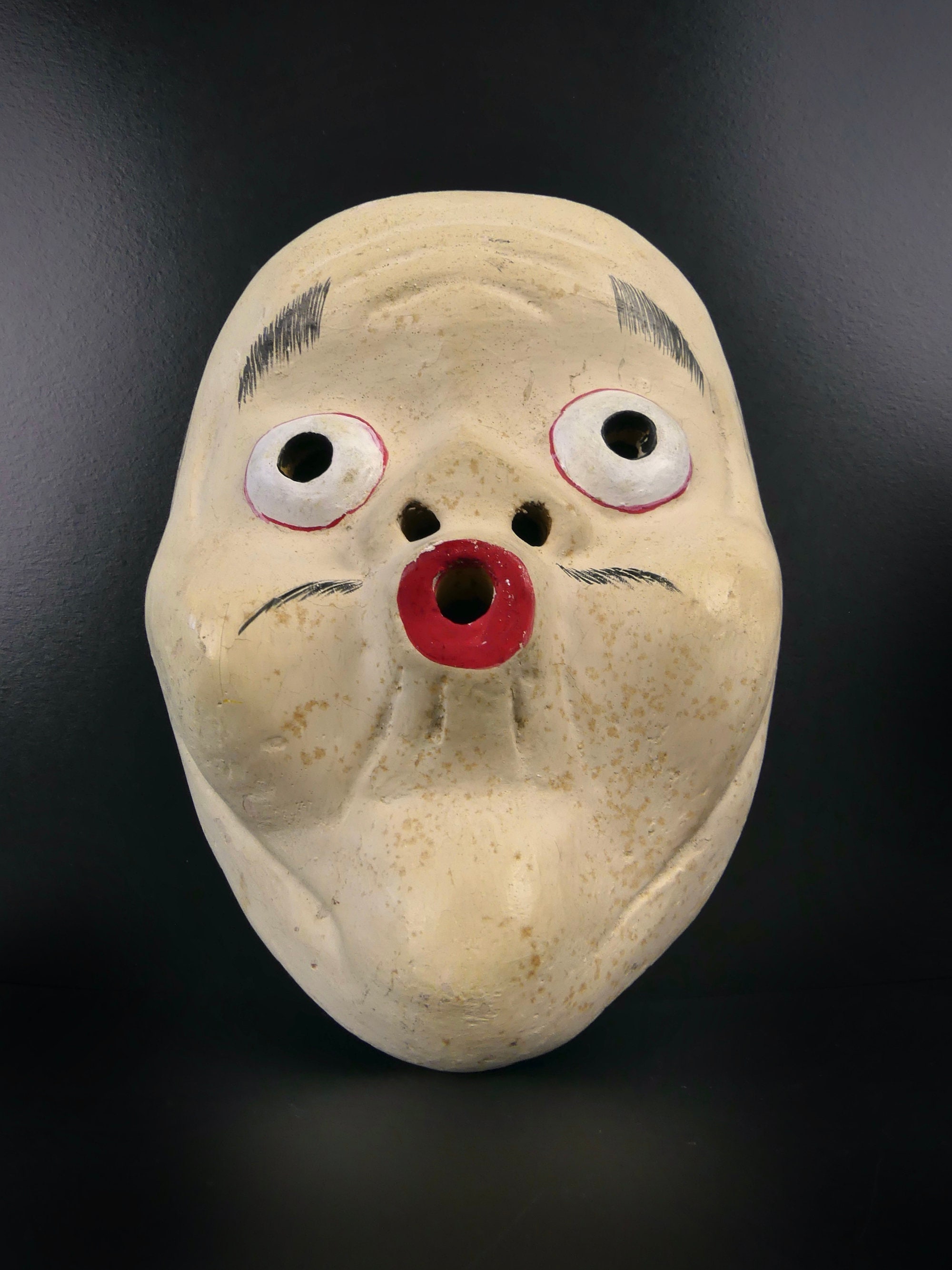 Signed Hyottoko Mask: Japanese Nô Theater Clown Mask, Mid-century