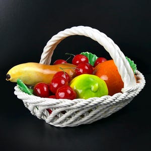 Petit panier àfruits en barbotine multicolore - Années 60 - Style Vallauris - Déco vintage - Trompe l&#39;œil - Céramique de collection