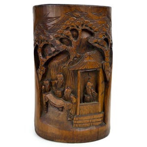 Chinese People Pine Carving Bamboo Display Figure Brush Holder Pot cs695-20S Chinese People Pine Carving Bamboo Display Figure Brush Holder Pot cs695-20S