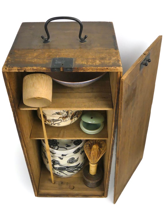ちゃあ  アンティーク 茶道具  錫  向陽堂製  元箱  レトロ 戦前 Antique Chabako Tea Box With Tea Ceremony Utensils - Japan