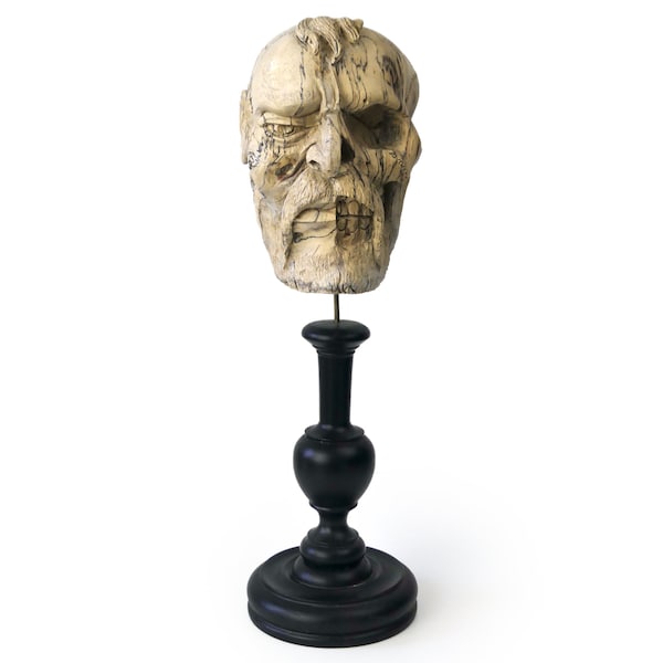 Memento Mori double face d'homme barbu et crâne sculpté en tamarin sur pied en bois tourné noir - Curios - Cabinet de curiosités