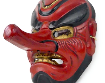 アンティーク木製天狗面｜大きな手彫りの赤い面｜壁掛け｜45 cm - Etsy
