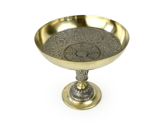 Vase-coupe Sur Piédestal En Laiton - Vintage, Centre De Table