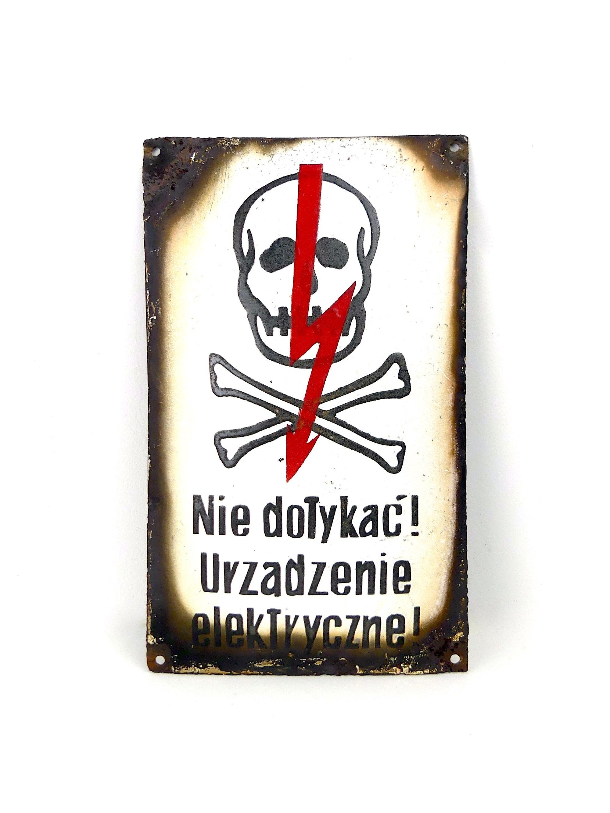 Plaque Émaillée Polonaise Danger de Mort Haute-Tension - Signalétique Ancienne Ww2 Enseigne Collecti