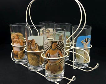 White Wire Glass Basket - 6 Erotic Glasses - 1960s/70s - France - Vintage Collection