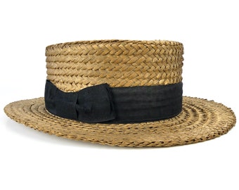 Canotier ancien en paille et tissus authentique de la fin du XIXe / début XXe - Chapeau de collection - France