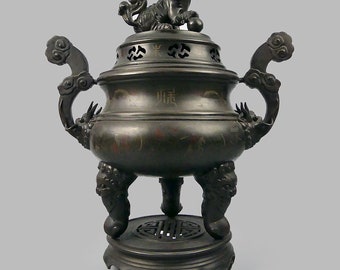 Grand brûle-parfum vietnamien tripode en bronze niellé argent et cuivre à décor de chiens de Fô - XIXe siècle - Antiquité indochinoise rare