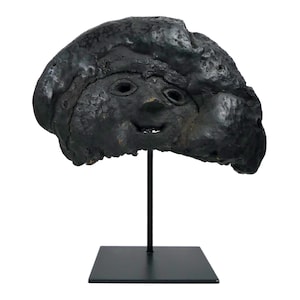 Rare and ancient Nepalese shaman mask carved from a Lingzhi mushroom on black metal base - Himalaya - Collectible mask
