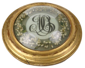 Antique French Hairwork Reliquary: Monogrammed Mourning Art, Golden Frame