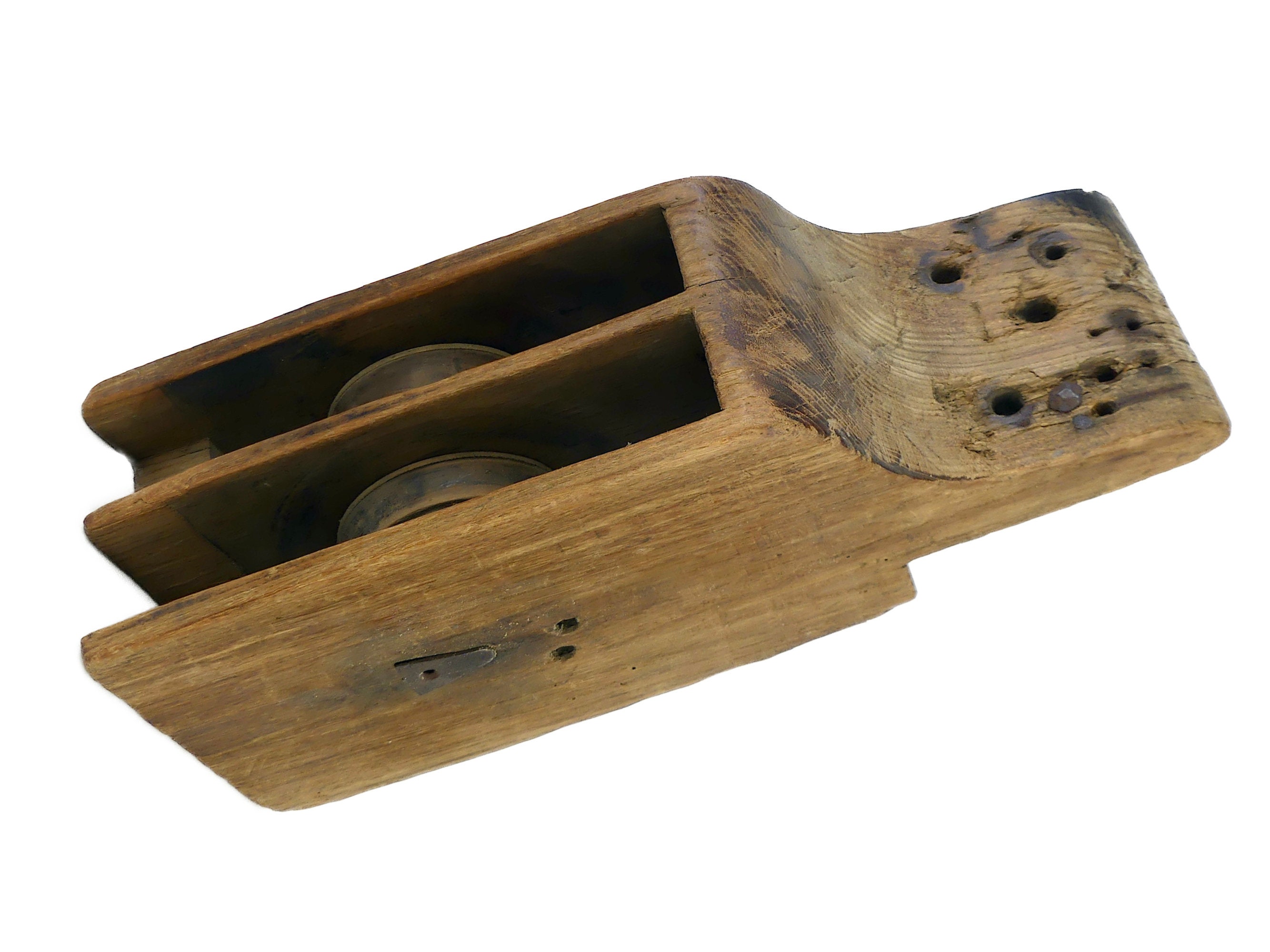 Grande Poulie de Bateau Ancienne en Bois Massif à 2 Réas - Xixe Déco Marine Objet Nautique Collectio