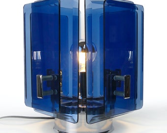 Lampe design cristal bleu et acier chromé Space Age - Design italien des années 70 - Pop Art - Lampe collector vintage