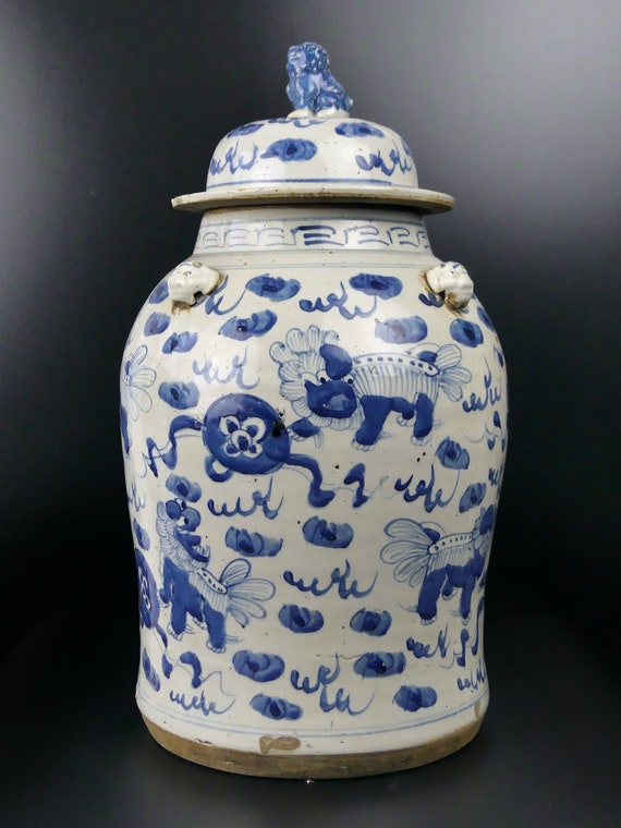 Blue & White Porcelain Temple Jar - Mythical Creatures Blue & White Porcelain Temple Jar - Mythical Creatures