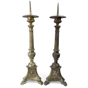 Pair of church candlesticks in metal from the 19th century - Antique liturgical candlesticks