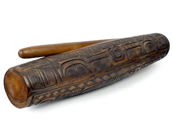 Polynesian Toere Slit Drum: Carved Wood Maohi Art with Aito Stick