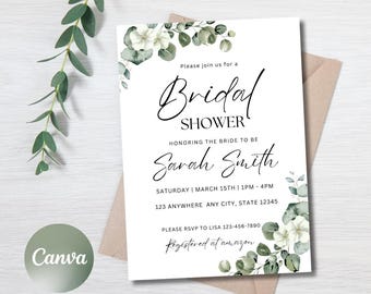 Puede incluir: Una tarjeta blanca con follaje verde y flores blancas en la parte superior e inferior. El texto dice "Por favor, únase a nosotros para una Despedida de Soltera en honor a la novia Sarah Smith Sábado | 15 de marzo | 13:00 - 16:00 123 Anywhere Any City, State 12345 Por favor, confirme su asistencia a Lisa 123-456-7890 Registrado en amazon"