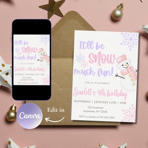 May include: A pink and purple birthday invitation with a snowman illustration. The invitation says "It'll be snow much fun!" and "Scarlett's 4th birthday". The invitation includes the date and time of the party, the address, and the RSVP information.