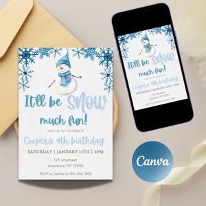 May include: A blue and white invitation with a snowman illustration. The invitation reads "It'll be Snow much fun!" and is for Cooper's 4th birthday. The date is Saturday, January 11th at 2 PM. The address is 123 anystreet, anywhere, NY 12345. RSVP to Danika at 123-456-7890.