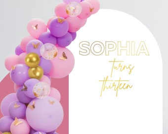 Happy Birthday Decal - Happy Birthday Party Backdrop - First Birthday for Balloon Arch - Personalized Name and Age Sticker - Chiara Wall