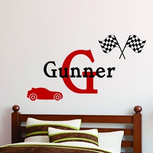 Boys Name Wall Decal Boys Name Car Wall Decal Race Car Kids Wall Decal Sticker Racing Checkered Flag Race Cars