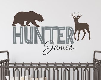 Boys Name Wall Decal Boys Name Hunting Wall Decal Deer Kids Wall Decal Sticker Bear Hunting Nursery Hunting Decor Farmhouse Nursery