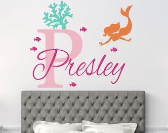 Personalized Name Mermaid Wall Decal - Custom Name Mermaid Wall Sticker - Girl Name Vinyl Decal Monogram Girls Room - Childrens Wall Decor