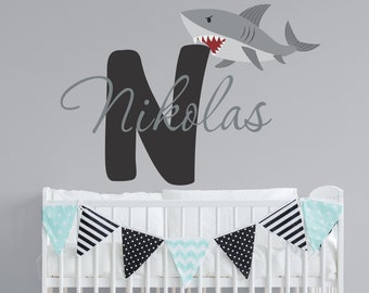 Personalized Name Shark Wall Decal - Custom Name Shark Wall Sticker - Vinyl Decal Monogram Girls Boys Room - Nursery Wall Decor