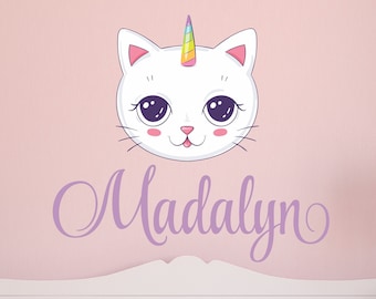 Personalized Name Cat Unicorn Wall Decal - Custom Name Cat Unicorn Wall Sticker - Vinyl Decal Monogram Girls Boys Room - Nursery Wall Decor