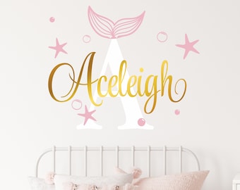 Personalized Wall Decal Girl Name Wall Decal Mermaid Nursery Wall Decal Personalized Name Decal Vinyl Decal Girls Name Decal Gold Rose Gold