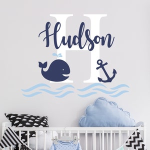 Personalized Wall Decal Boy Name Wall Decal Nursery Wall Decal - Custom Name Whale Wall Sticker - Nautical Vinyl Decal Monogram Boys Room