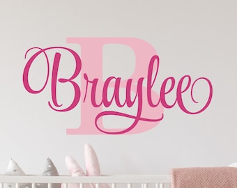 Personalized Name Wall Decal Girl Monogram Initial Fancy Cursive Name Decal Wall Decor Vinyl Lettering Gold Vinyl Nursery Wall Decal