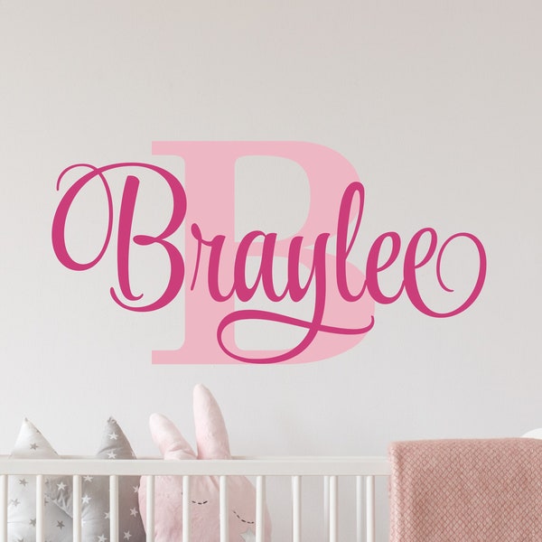 Personalized Name Wall Decal Girl Monogram Initial Fancy Cursive Name Decal Wall Decor Vinyl Lettering Gold Vinyl Nursery Wall Decal