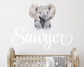 Personalized Name Elephant Wall Decal - Custom Name Wall Sticker with Elephant - Watercolor Elephant Decal - Nursery Wall Decor - Name Decal