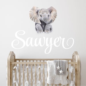 Personalized Name Elephant Wall Decal - Custom Name Wall Sticker with Elephant - Watercolor Elephant Decal - Nursery Wall Decor - Name Decal