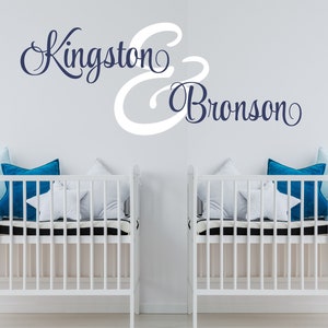 Twins Name Wall Decal Personalized Boys Name Wall Decal Childrens Room Boys Bedroom Baby Nursery Vinyl Lettering Monogram Cursive Twin Boys