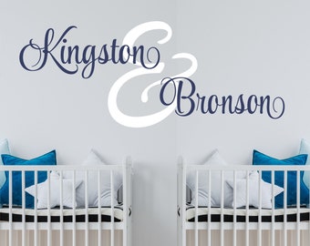 Twins Name Wall Decal Personalized Boys Name Wall Decal Childrens Room Boys Bedroom Baby Nursery Vinyl Lettering Monogram Cursive Twin Boys