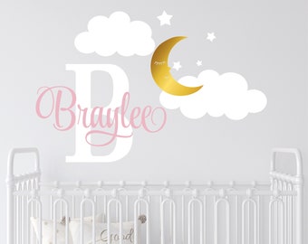 Name Wall Decal Girls Name Wall Decal Moon Clouds and Stars Personalized Name Decal Custom Baby Girl Nursery Wall Decal Girls Bedroom Stars