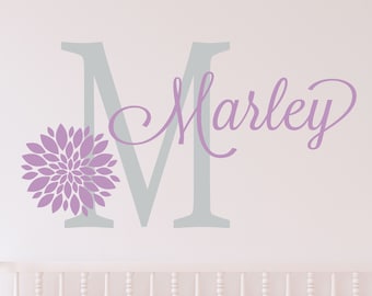 Name Wall Decal Teen Girls Room Decor Baby Girl Nursery Name Decal Personalized Baby Name Decal for Wall Vinyl Lettering Dahlia Flower