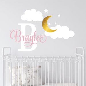 Name Wall Decal Girls Name Wall Decal Moon Clouds and Stars Personalized Name Decal Custom Baby Girl Nursery Wall Decal Girls Bedroom Stars