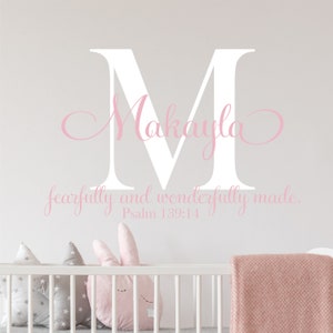 May include: White letter M with the name Makayla written in pink cursive script. The text "fearfully and wonderfully made. Psalm 139:14" is written below the name.